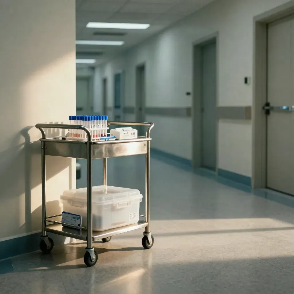 Atrio di clinica con carrello sterile, provette e kit tampone in luce mattutina.
