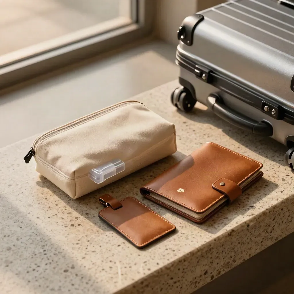 Kit viaggio con contenitore campione, porta passaporto e trolley in luce alba