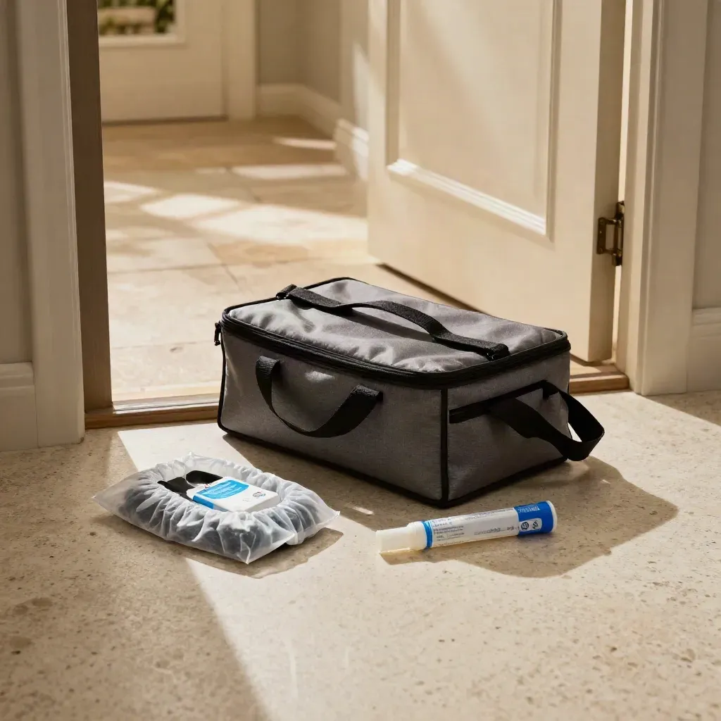 Kit per tampone a domicilio pronto alla soglia di casa, con borsa isotermica, copriscarpe e campione sigillato.