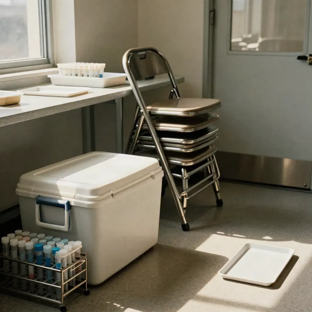 Break-room aziendale trasformata in corsia tamponi con cooler box, rack campioni e sedie pieghevoli.
