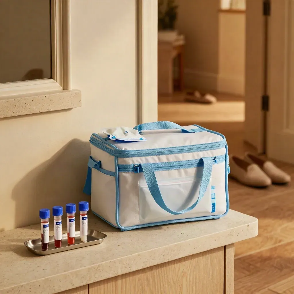 Ingresso domestico con quattro provette, borsa isotermica e scarpe sfocate in luce calda.