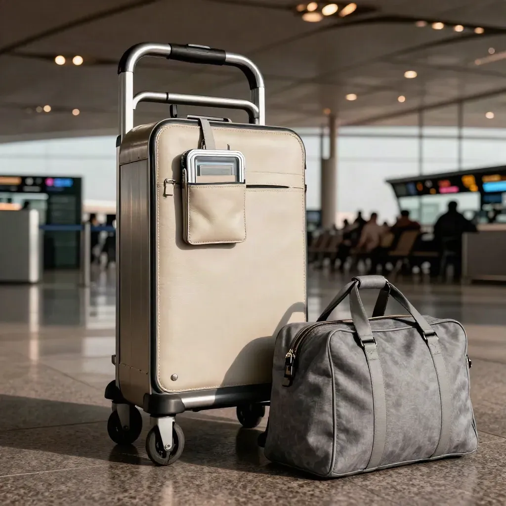 Trolley elegante in aeroporto con pouch per certificato viaggio e luci del terminal sfocate