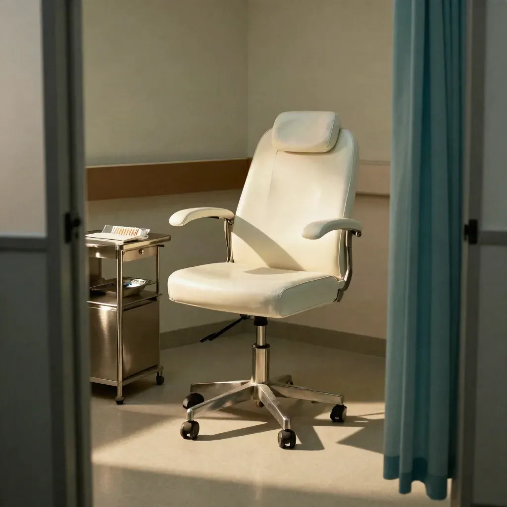 Stanza di clinica privata con poltrona sterile, tavolino inox e set tampone pronta per l'appuntamento.