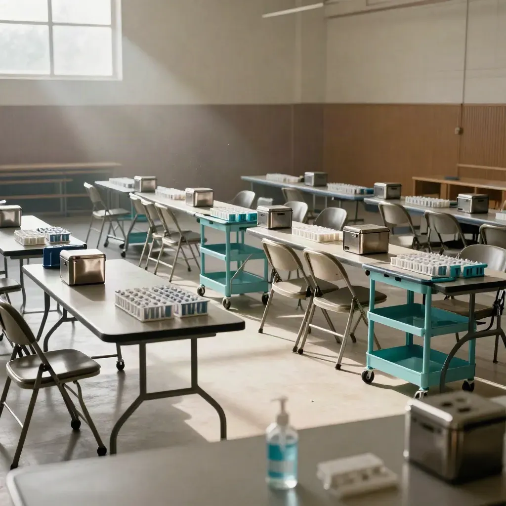 Palestra scolastica vuota allestita per screening rapido, tavoli mobili e box termici in corsie.