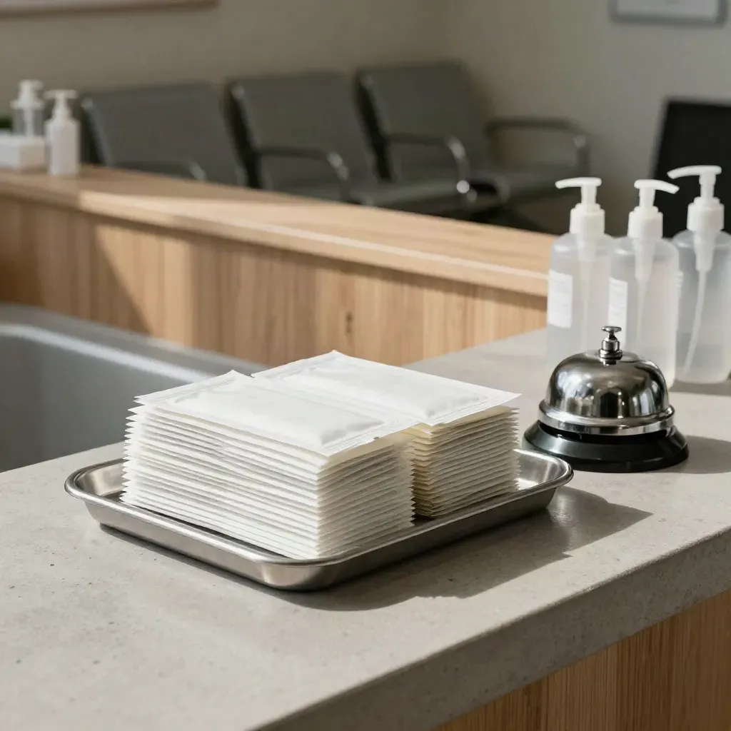 Reception di clinica privata con kit sterili, vassoi pronti e sedie allineate.