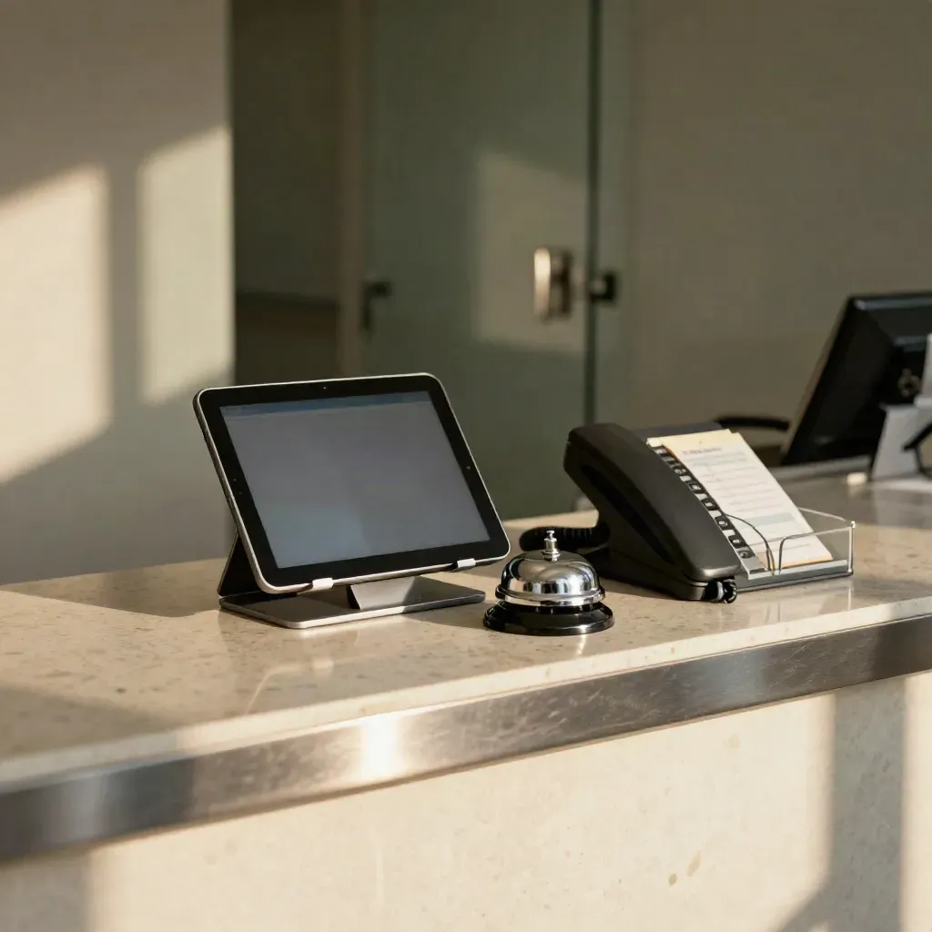 Postazione prenotazioni in travertino con tablet, telefono cordless e campanello discreto.