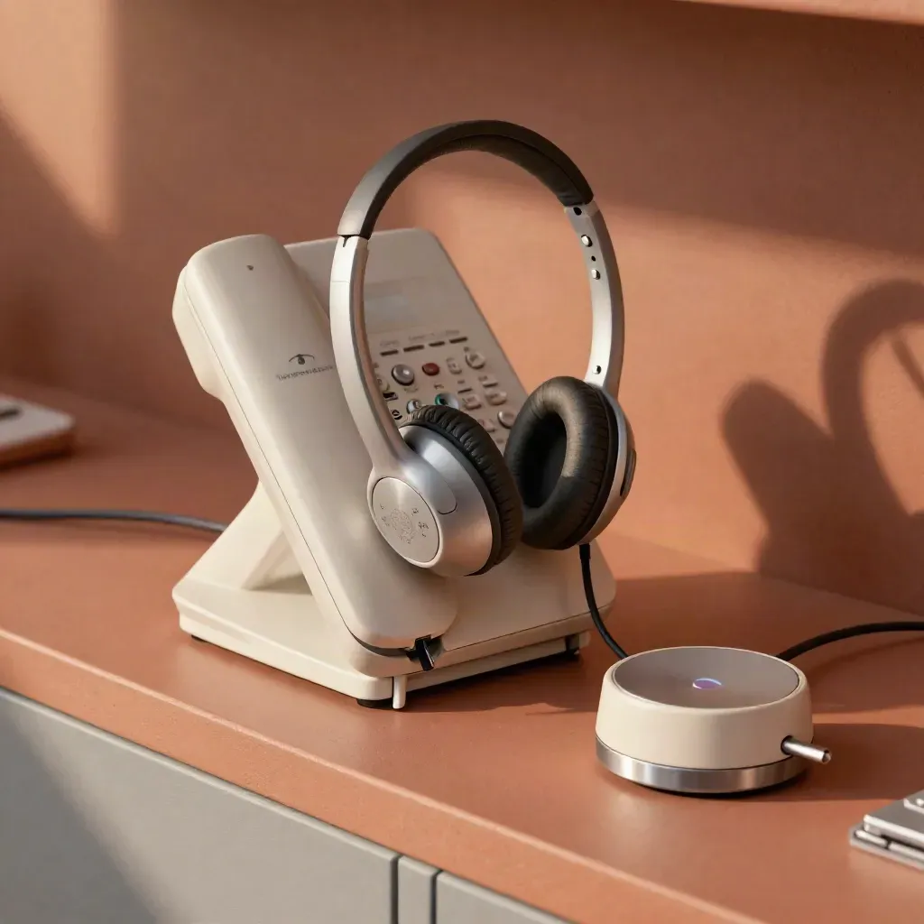 Cuffie, telefono e tastiera su banco di supporto clinico in luce morbida.
