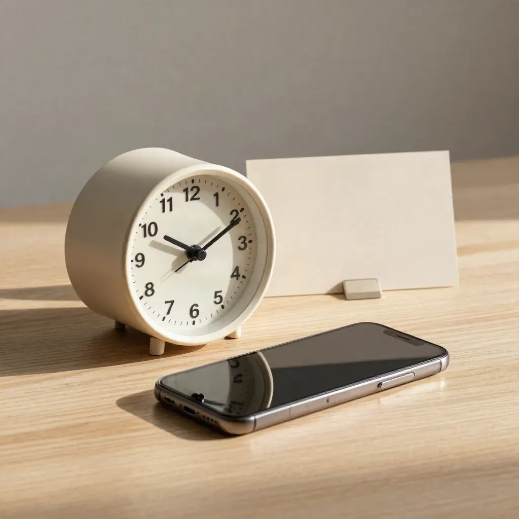 Orologio da tavolo, telefono e segnaposto clinico su legno chiaro, scena calma e ordinata.