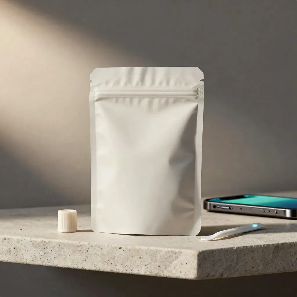 busta clinica sigillata, smartphone con notifica sfocata e cappuccio provetta su mensola chiara