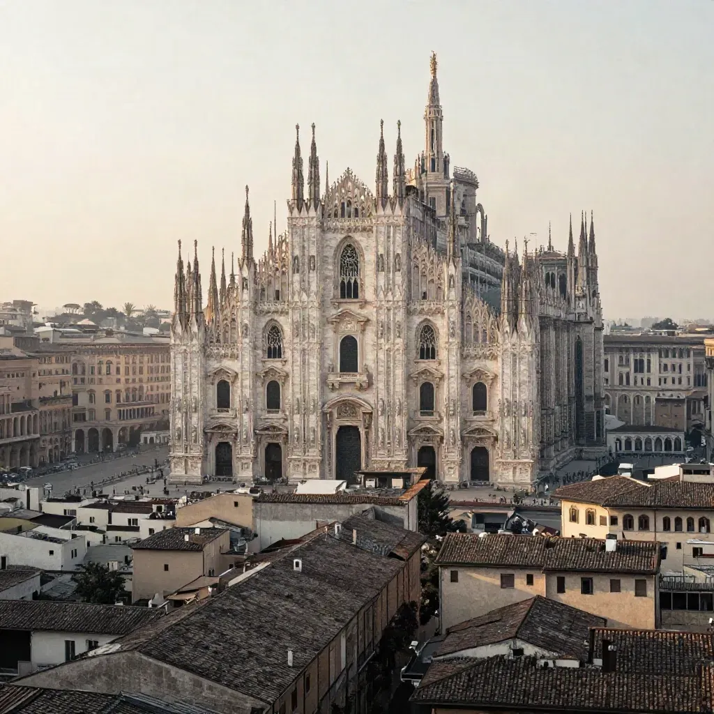Il Duomo di Milano emerge alto sopra tetti di pietra e foschia mattutina.