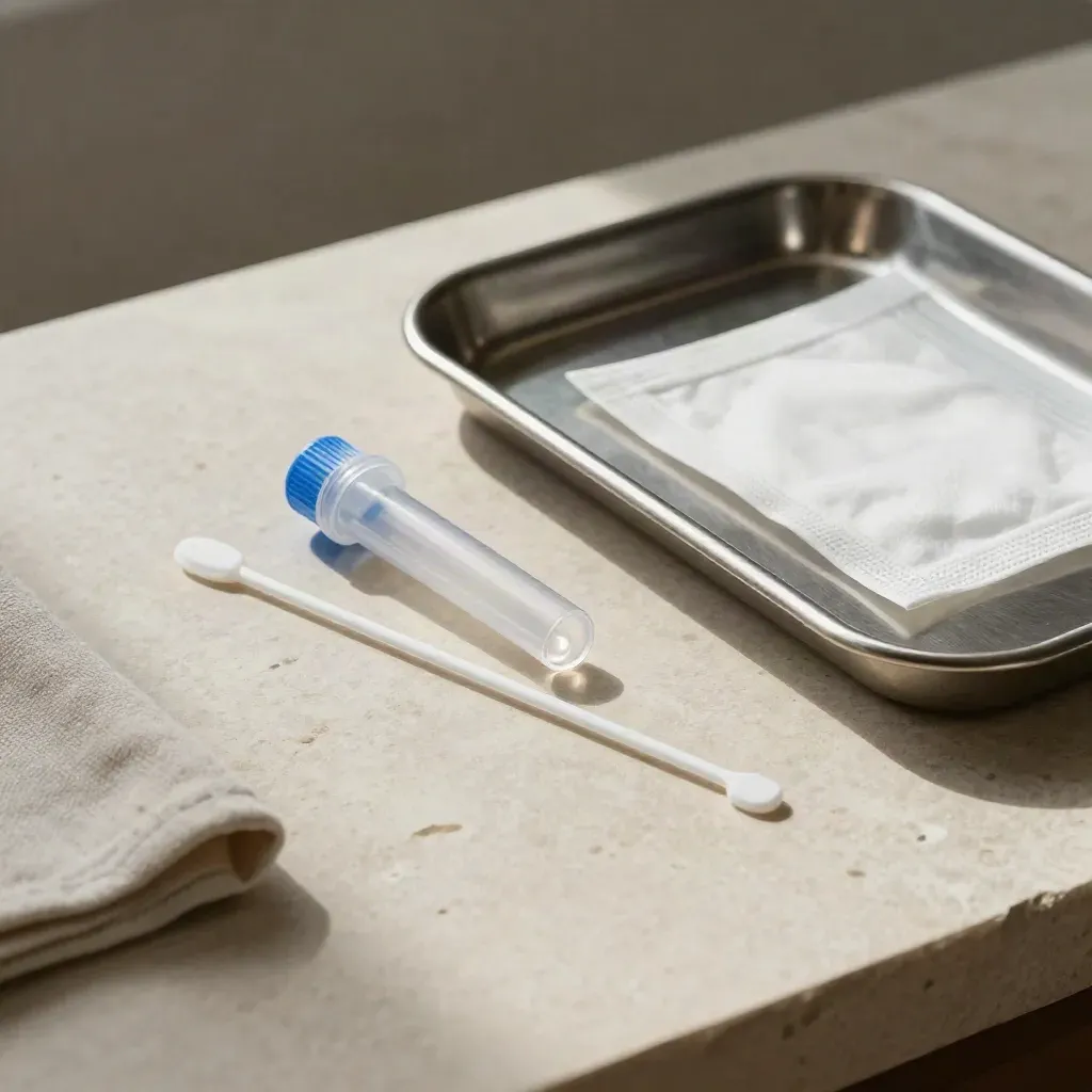 Tampone aperto, provetta e salvietta su vassoio sterile in luce clinica.