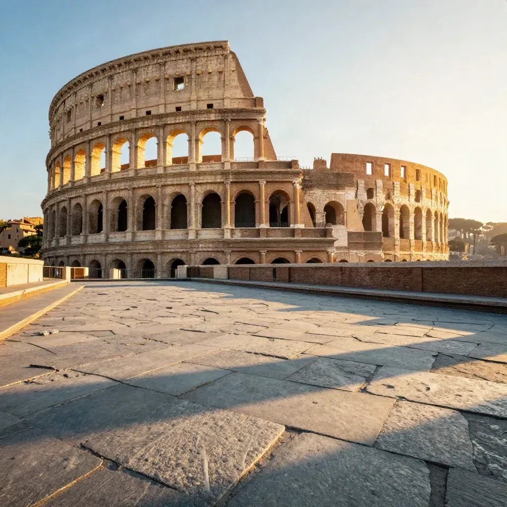 Colosseo alto sull’orizzonte, piazza in travertino calma e luminosa nel tardo pomeriggio