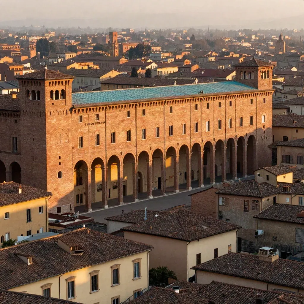 Portici di Bologna al tramonto sopra tetti terracotta e foschia dorata.