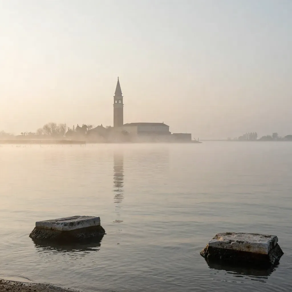 Laguna veneta al mattino con campanile lontano e nebbia soffice sull’acqua calma.